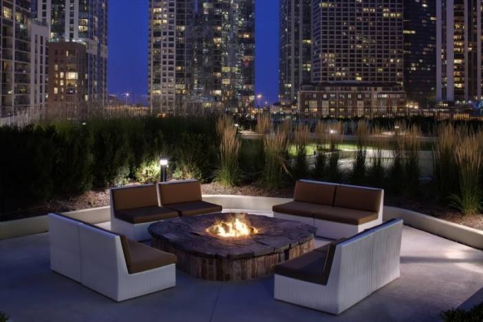 Aqua Tower's fire pit on the 80,000-square-foot recreation deck.