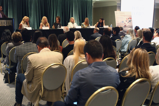 “Power Women” Panel:  (from left to right) Cindy Ambuehl, Paula Ansara-Wilhem, Sally Forster Jones, Linda May, Jade Mills, Suzanne Perkins, and Tami Pardee