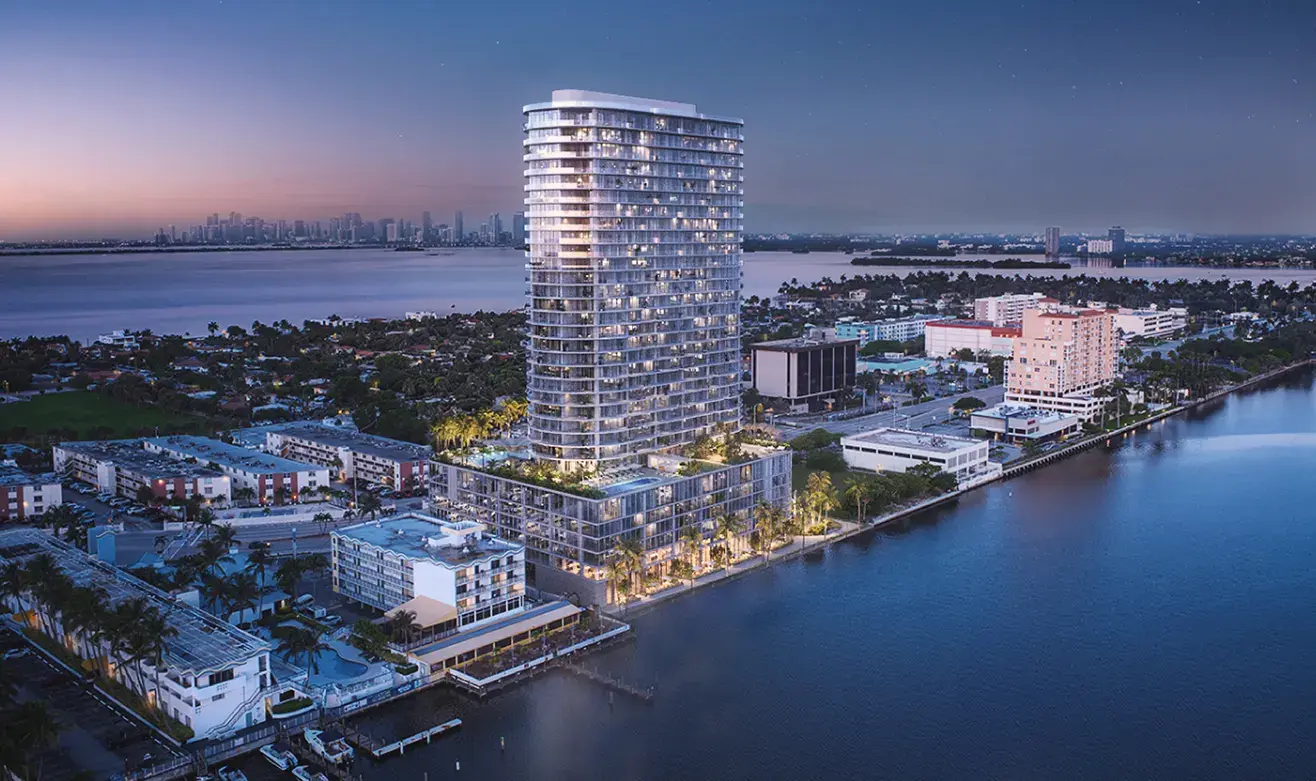 Continuum Club & Residences exterior twilight rendering