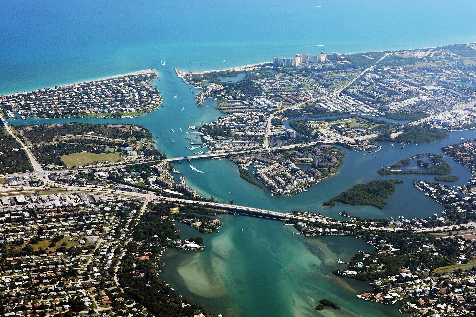 Aerial view of Jupiter Inlet, the Loxahatchee River and the Atlantic coastline in Jupiter, Florida