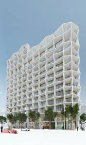 The Miami tower sits atop two floors of retail space.