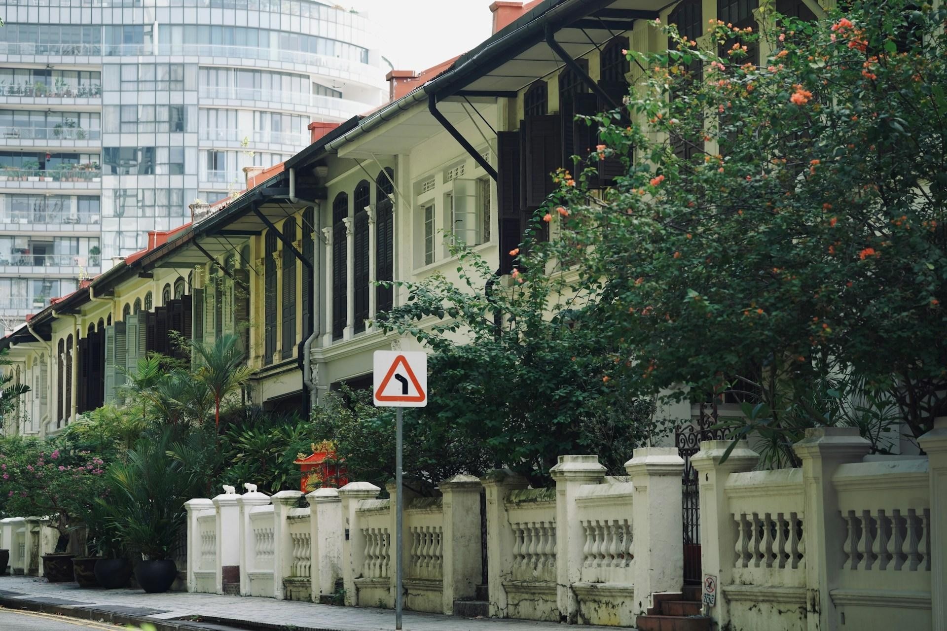 row houses with lush greenery and a modern building