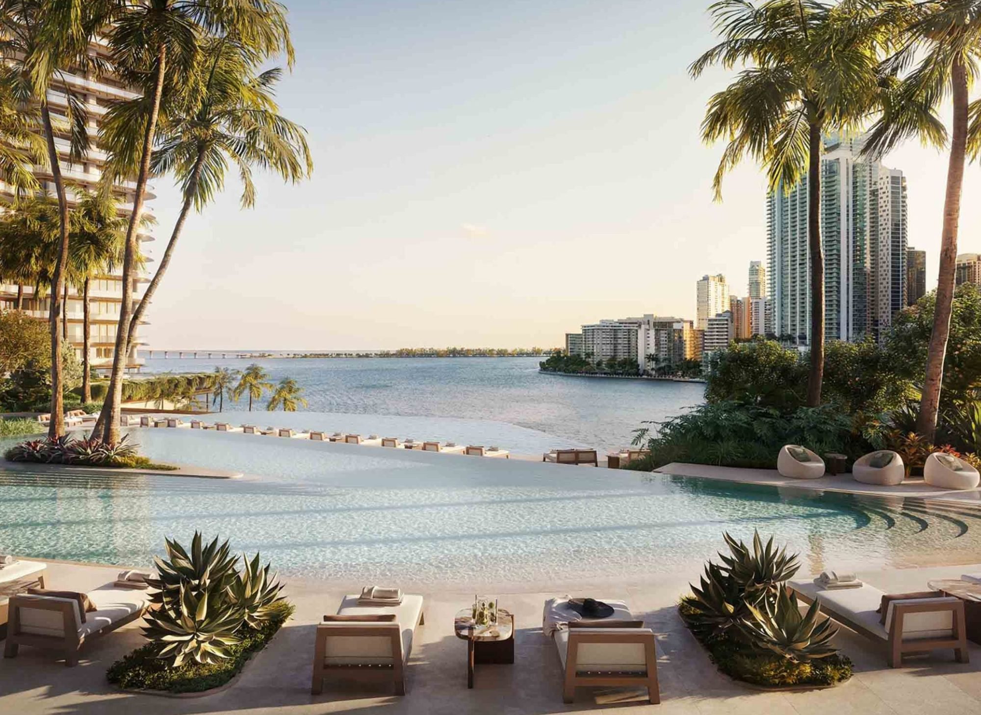 The Residences at Mandarin Oriental, Miami waterfront pool deck at Brickell Key