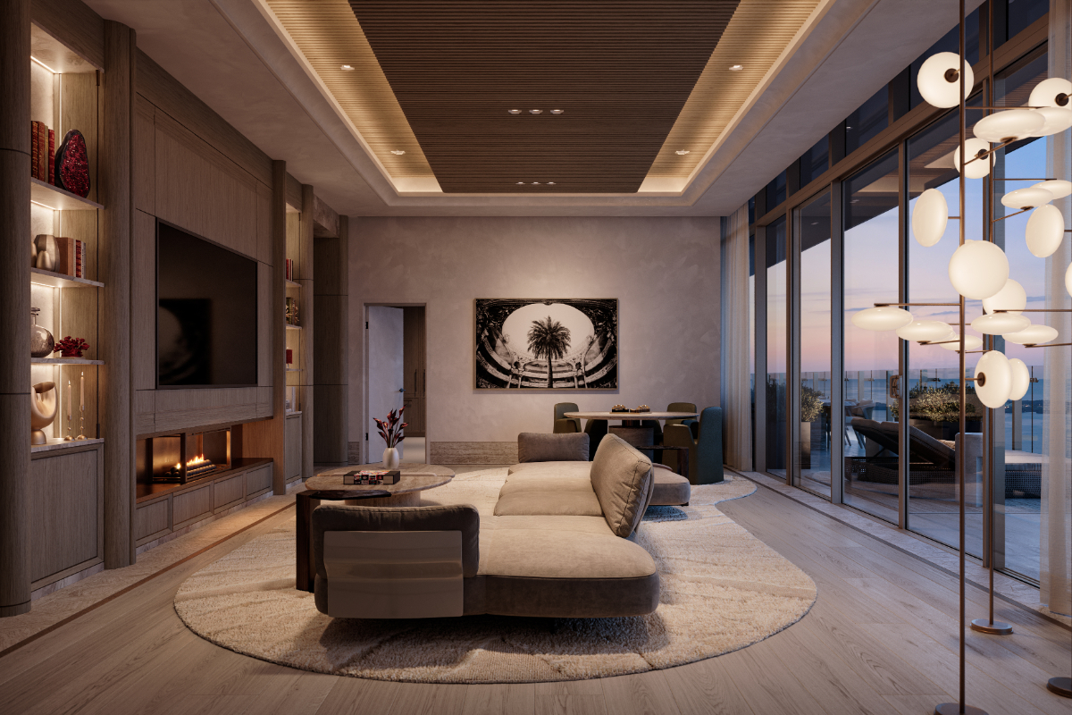 Evening living room with fireplace in the penthouse collection at Faena Residences Miami