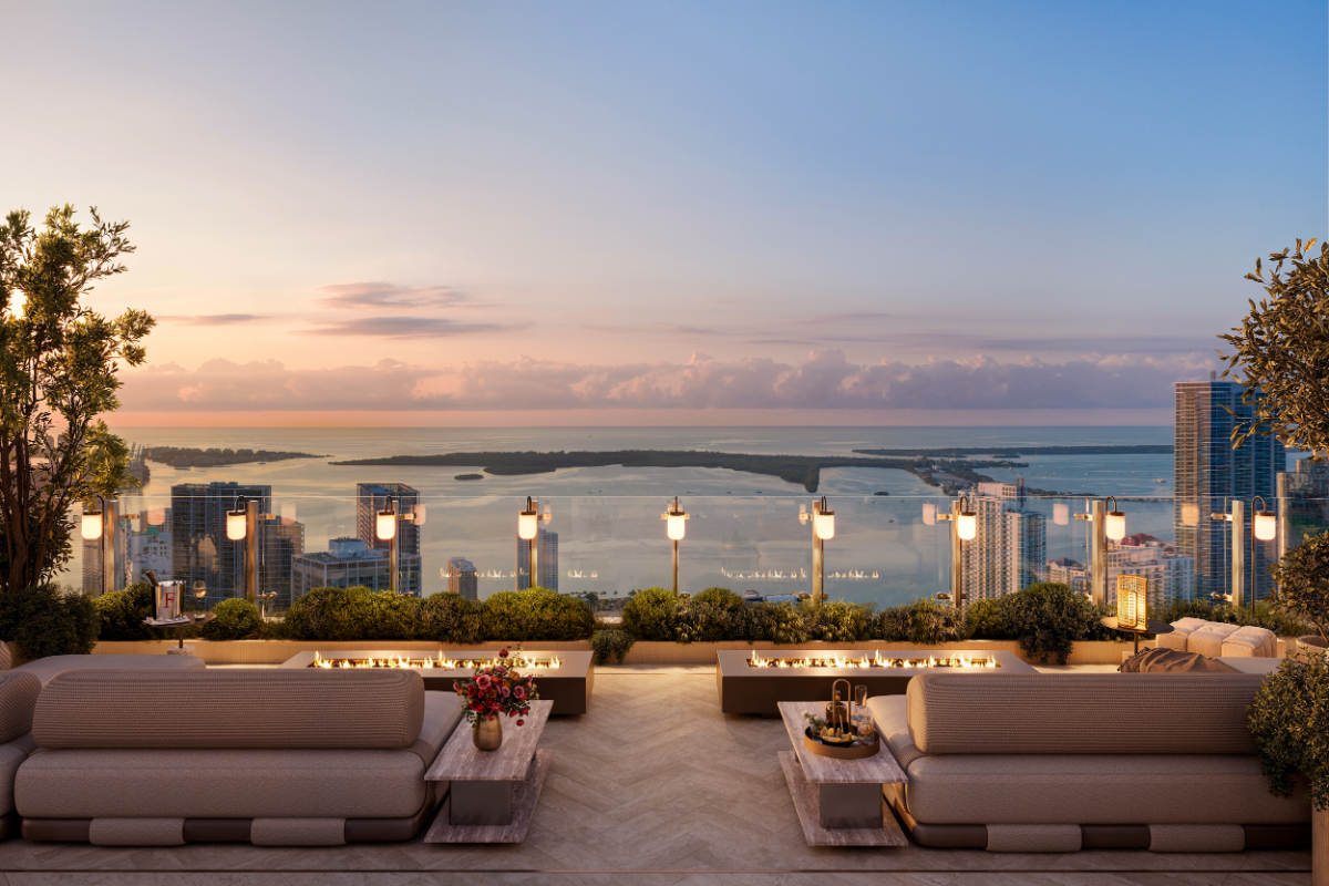Rooftop lounge and fire pits at Faena Residences Miami's penthouse collection at dusk