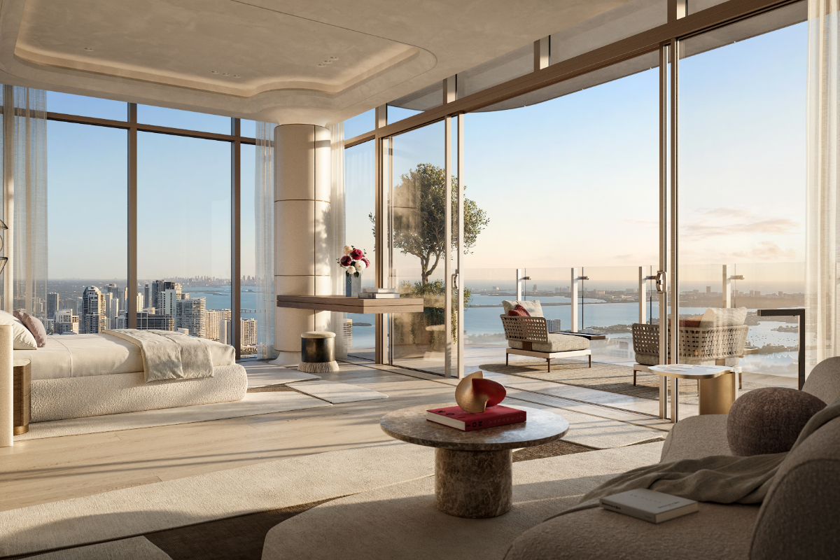 Primary bedroom in the penthouse collection at Faena Residences Miami, overlooking Biscayne Bay