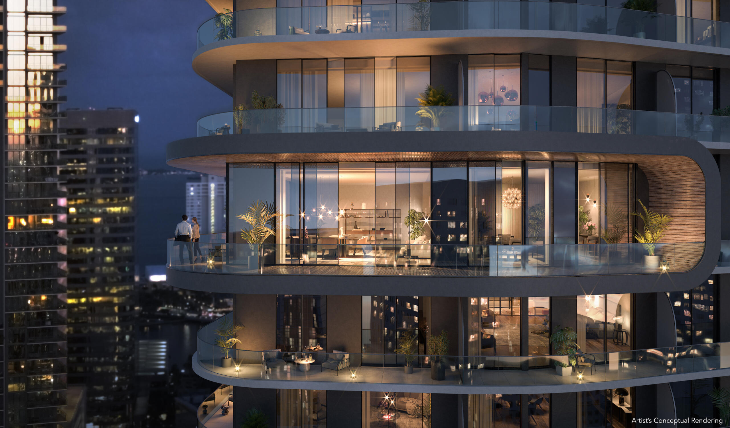 LOFTY Brickell terrace exterior rendering at dusk