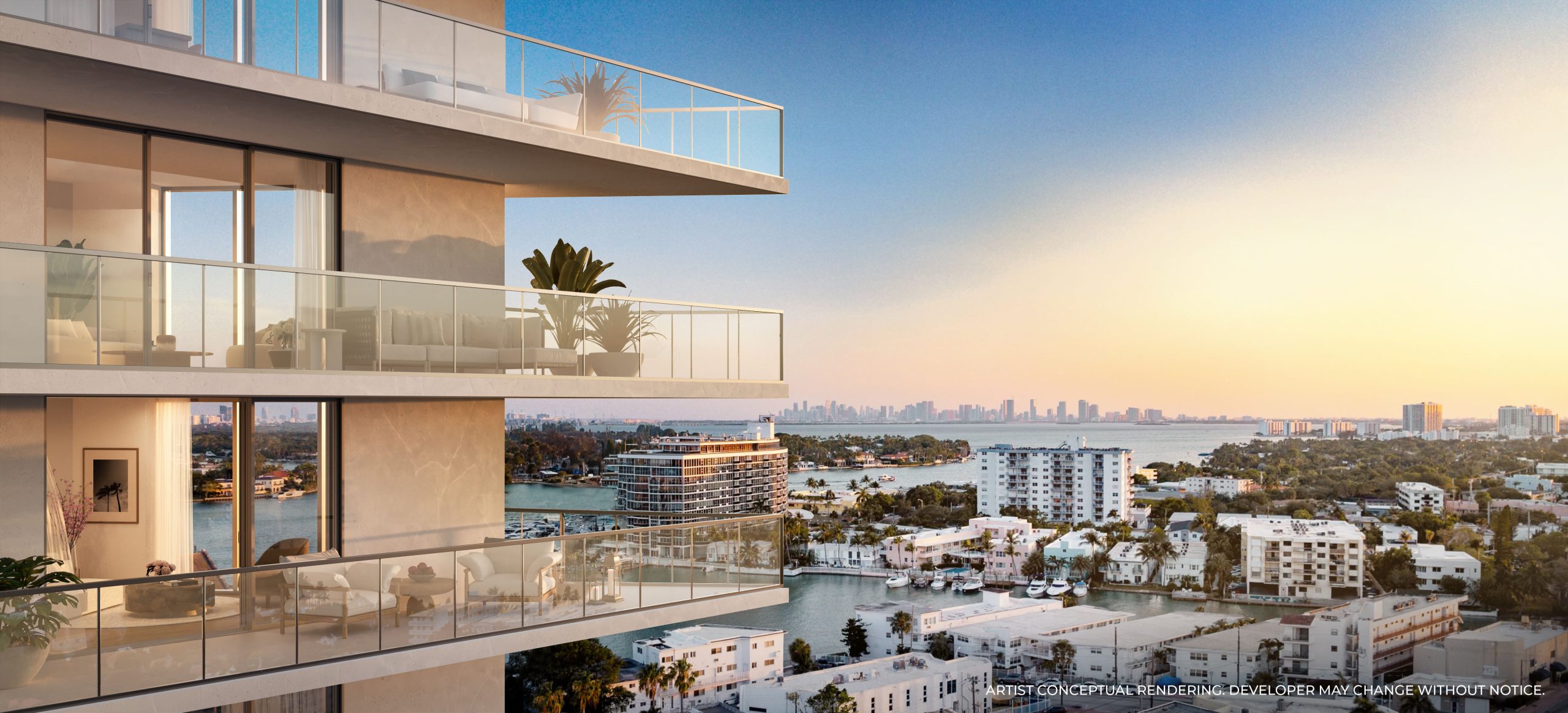 Palma residence balconies overlooking Biscayne Bay, artist rendering