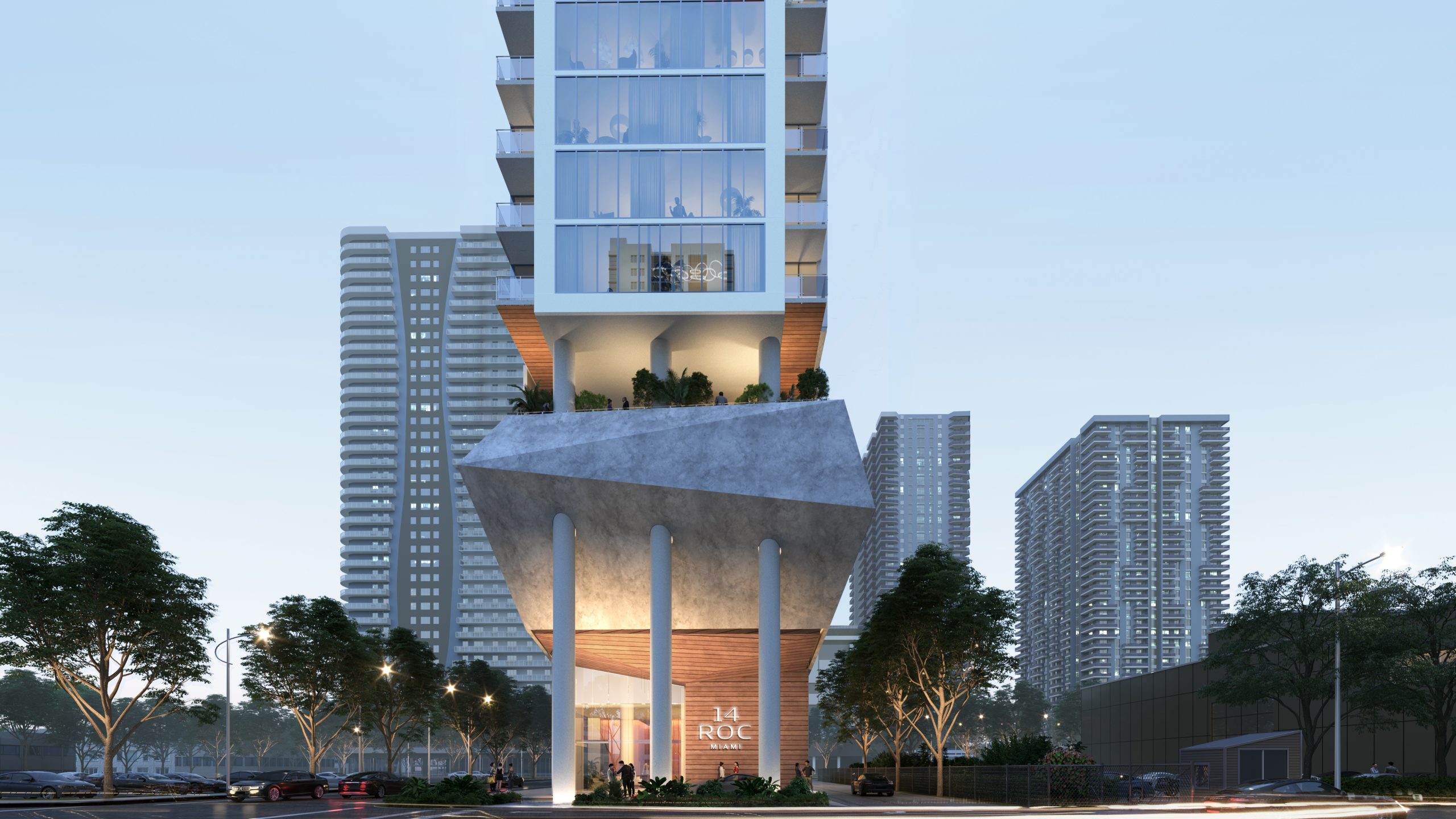 14 ROC Miami tower entrance rendering at dusk