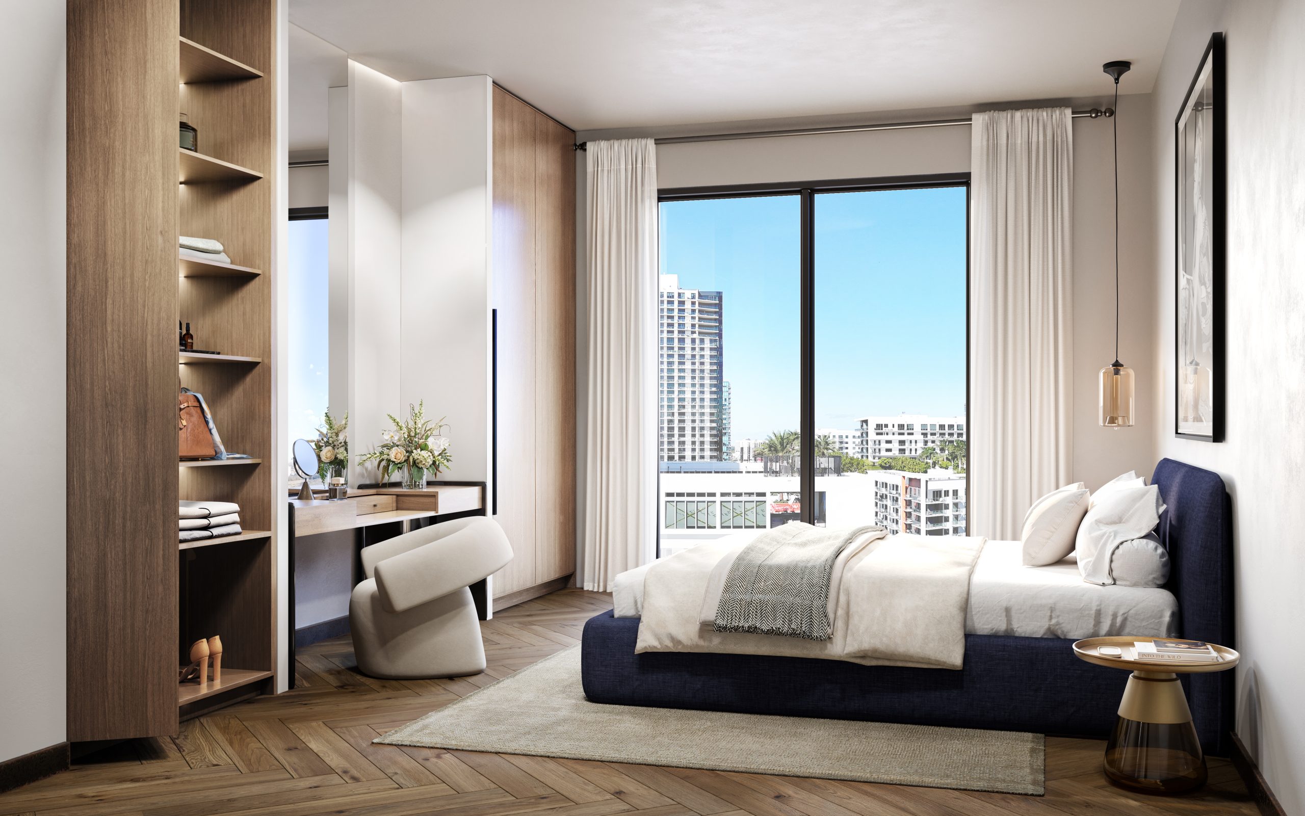 Furnished bedroom at The Rider, Wynwood, artist rendering