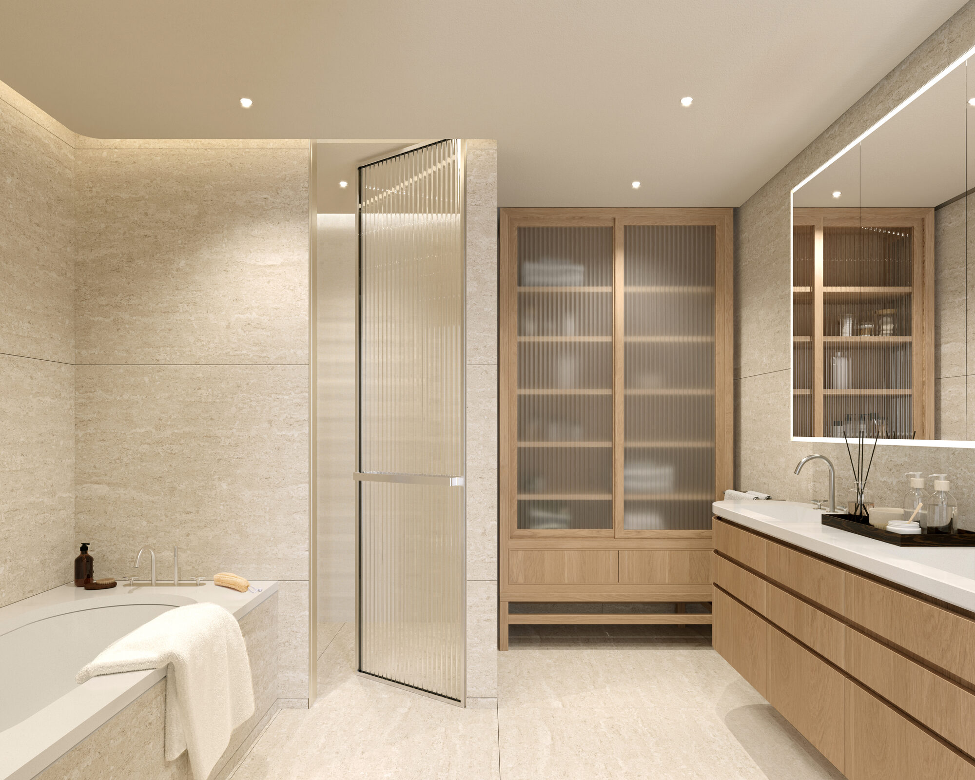 Warm stone primary bathroom at Fouquet's Miami Design District