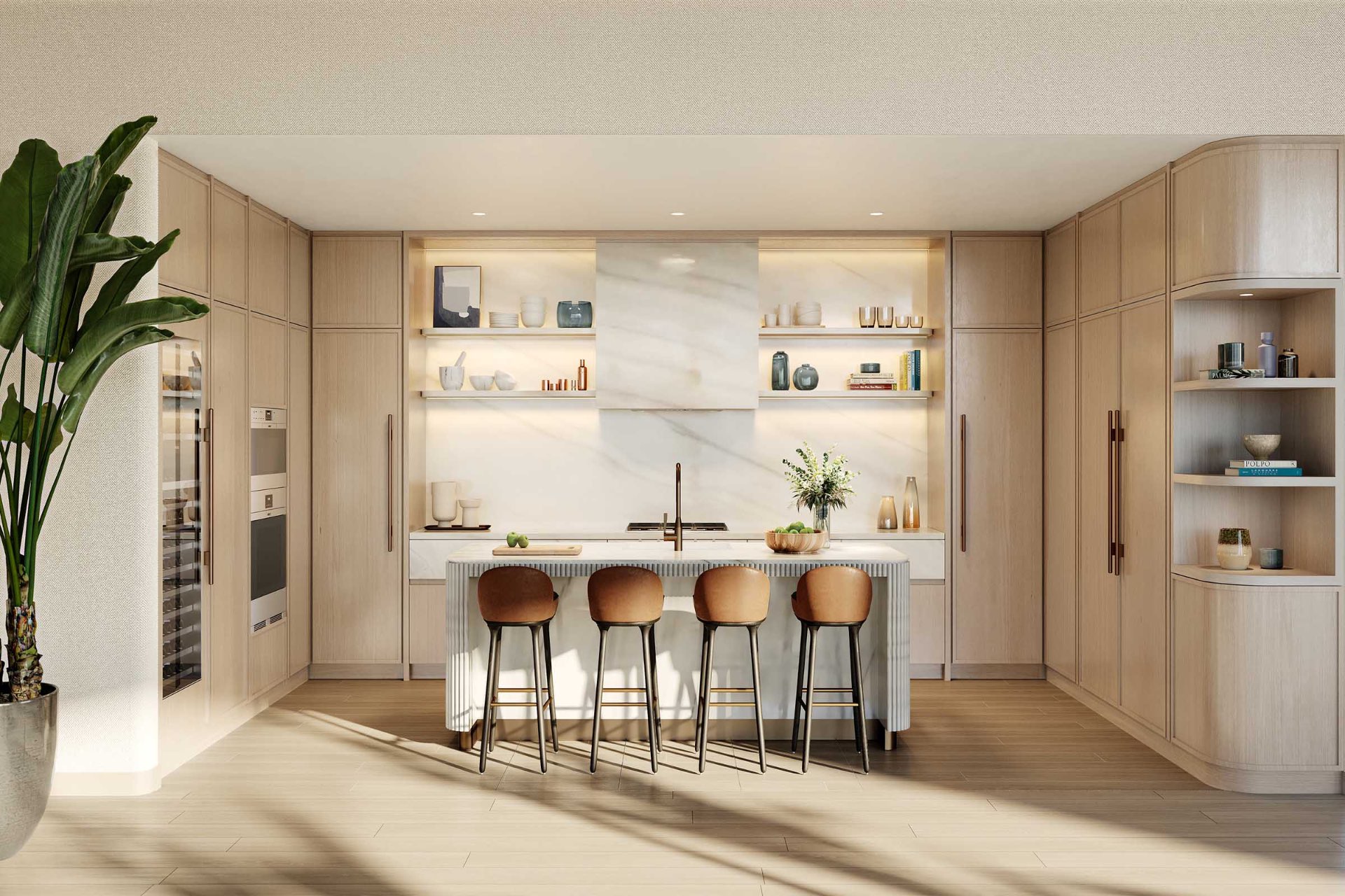The Perigon kitchen by Tara Bernerd & Partners with honed Bianco marble and Sub-Zero Wolf appliances