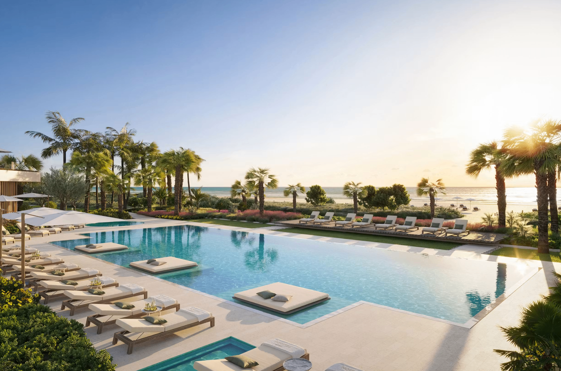 The Perigon Miami Beach pool deck at sunrise