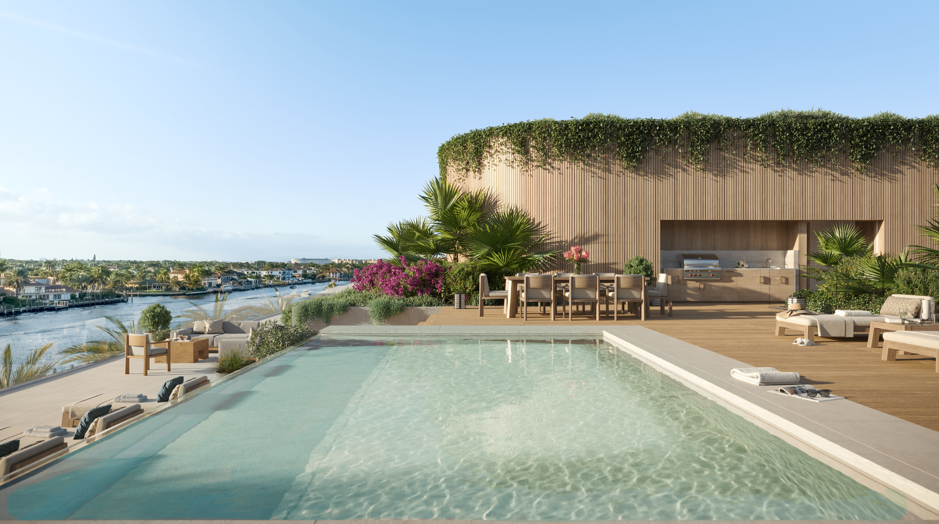 Oceanfront pool deck at Rosewood Residences Hillsboro Beach