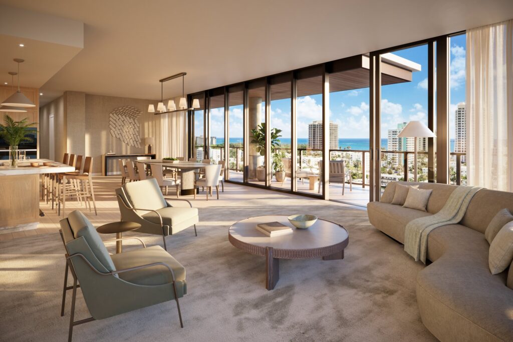 Rendering of a penthouse living room with floor-to-ceiling glass and ocean views at The Ritz-Carlton Residences, Fort Lauderdale Beach