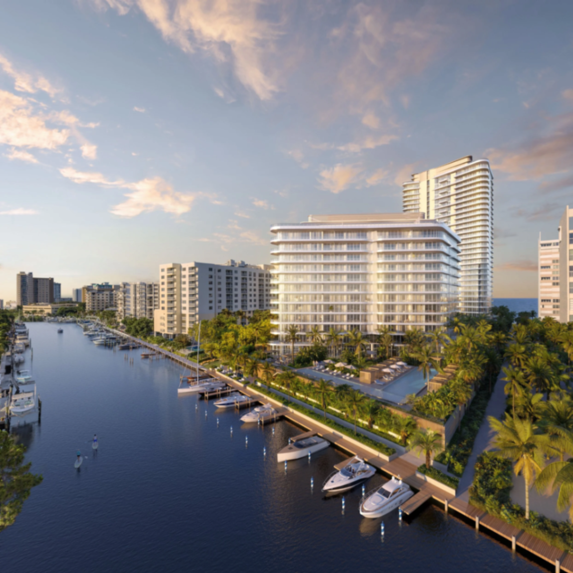 Aerial view of Ritz-Carlton Residences Pompano Beach along the Intracoastal Waterway